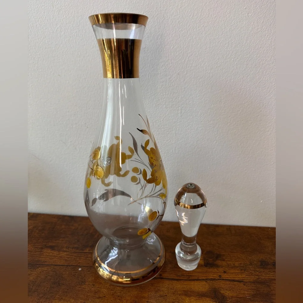 Vtg Mid-Century Romanian Glass Decanter Set - 6 Cordial Glasses - Hand Painted